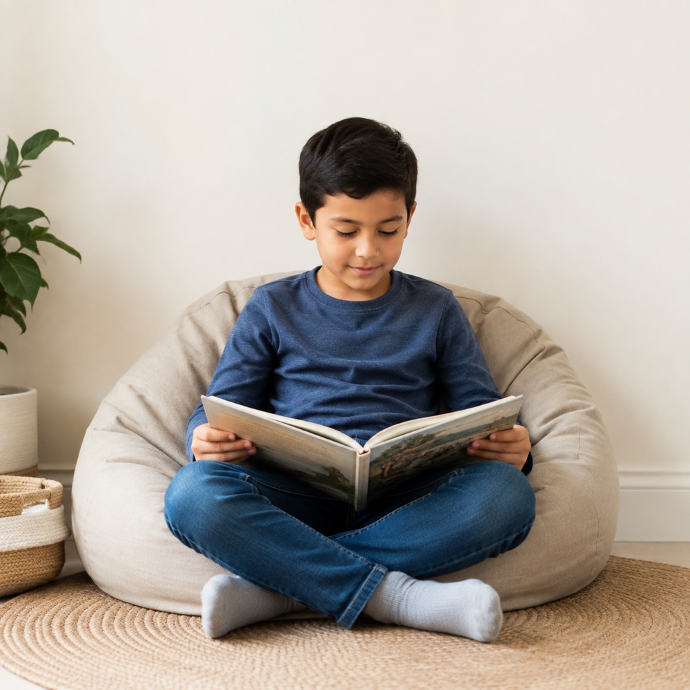 A child reading a book from the Everyday Action Verbs teaching pack