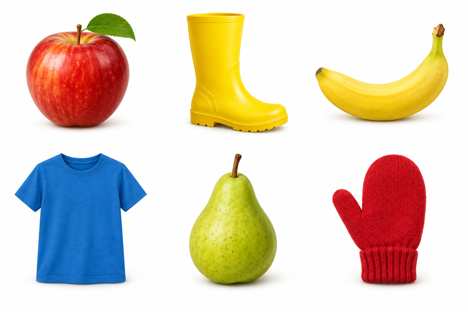 An apple, boot, banana, T-shirt, pear, and mitten for sorting and describing