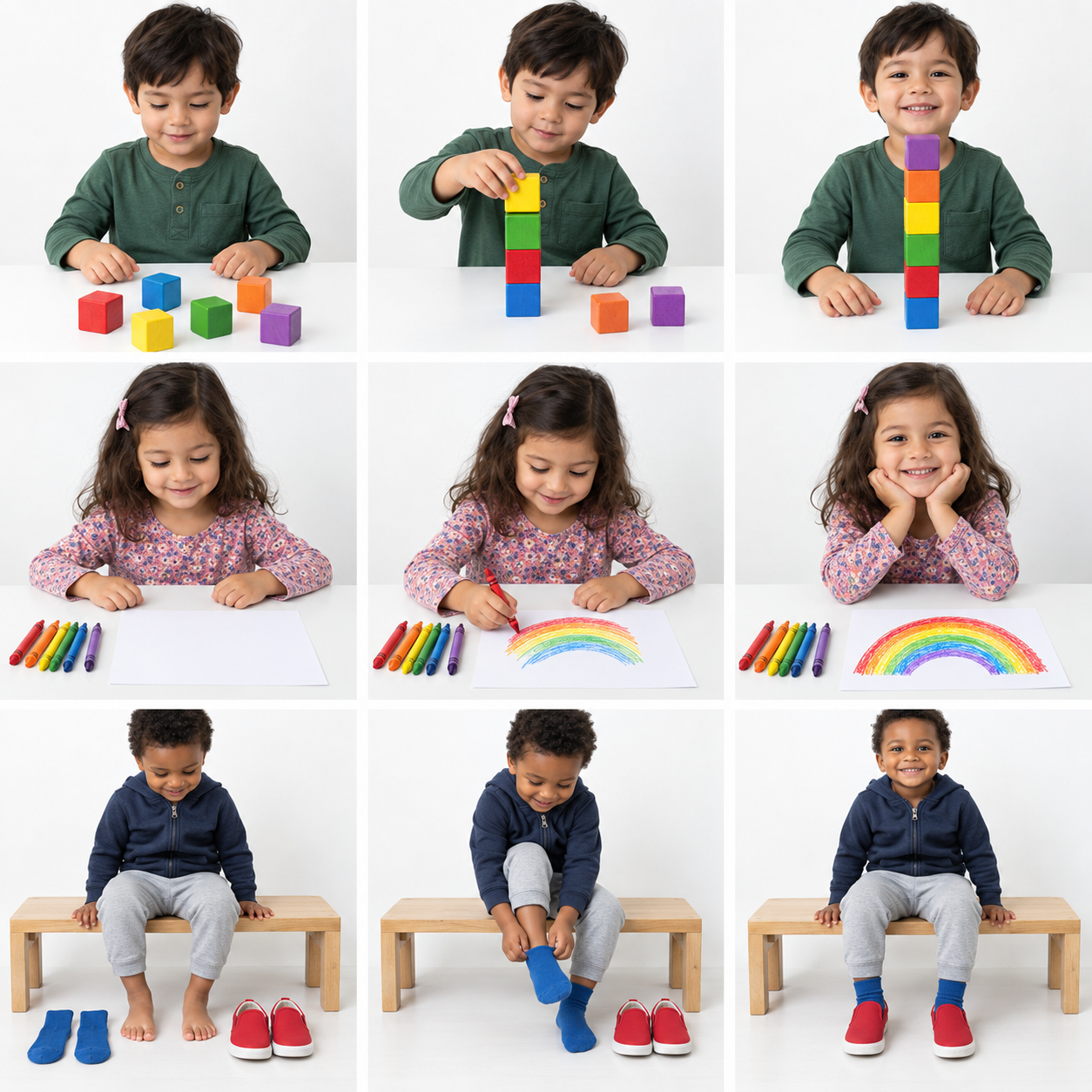 AI-generated three-step scenes for building a tower, drawing a picture, and putting on shoes
