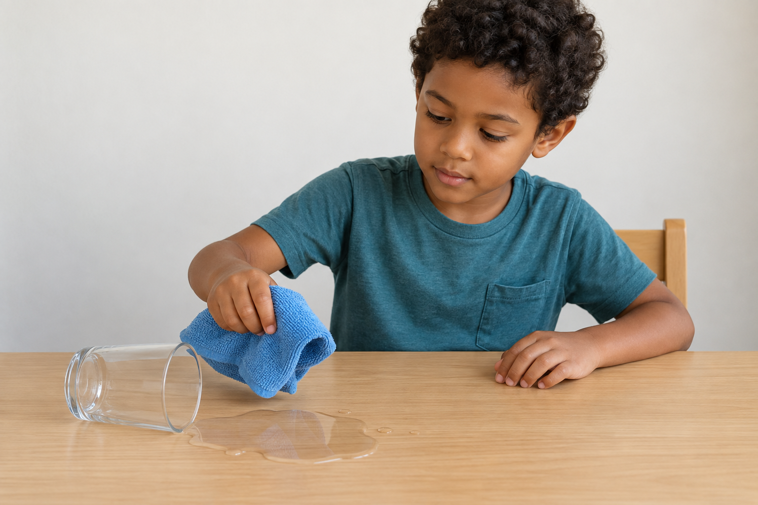 A fictional child holding a cloth beside a tipped glass and liquid on a table
