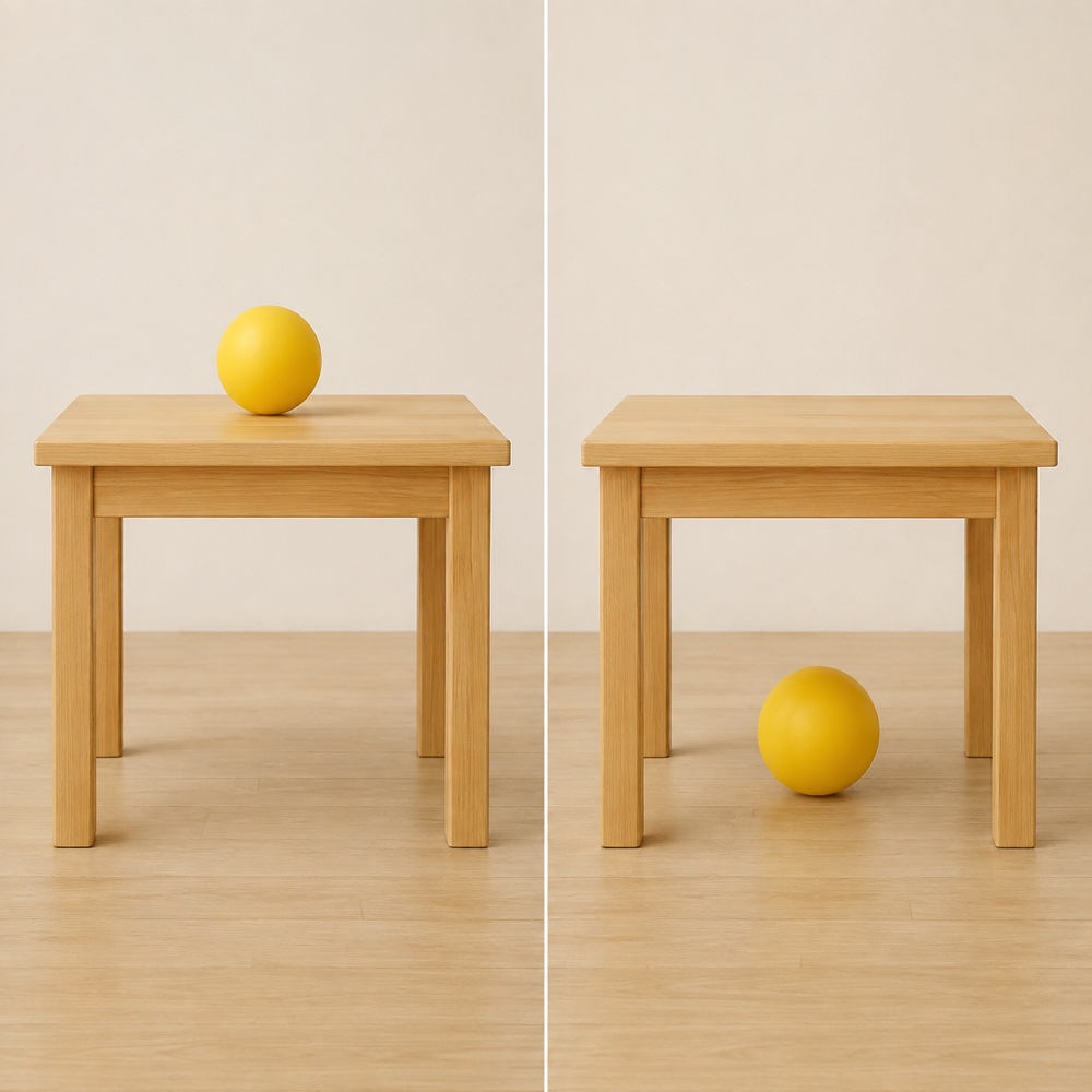 Generated teaching visual showing a ball on a table and under a table