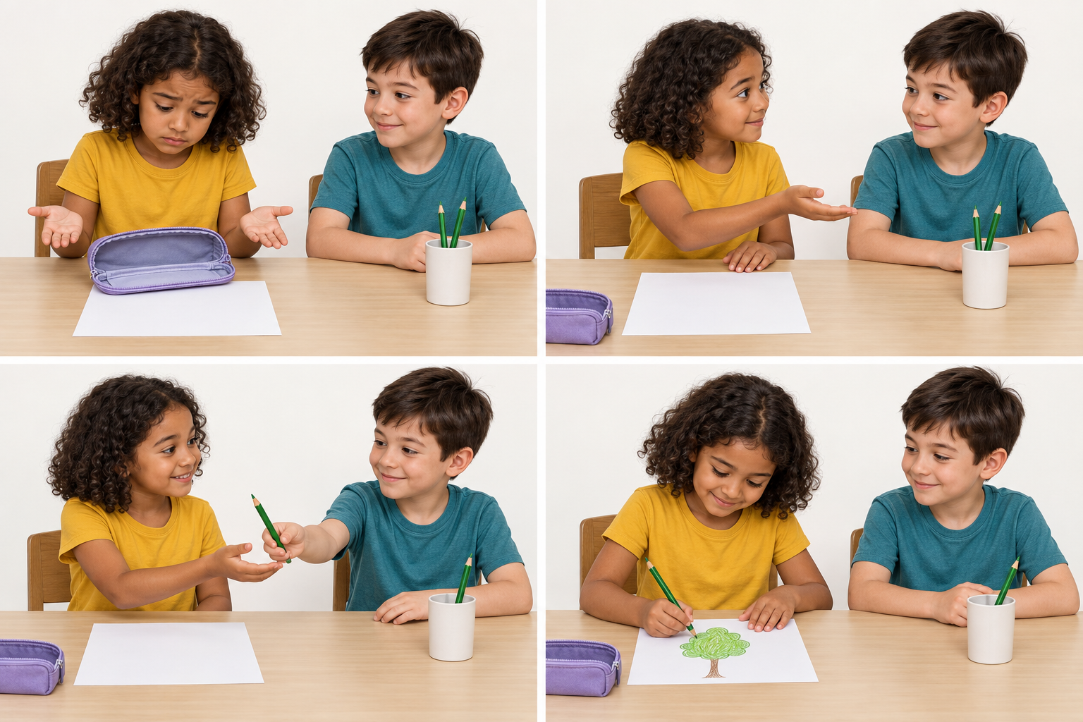 Four fictional scenes showing a child needing, requesting, borrowing, and using a pencil